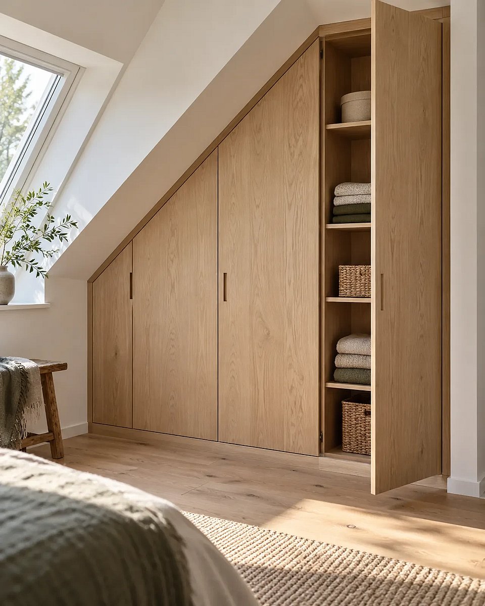 Einbauschrank aus Holz, passgenau in eine Raumnische eingebaut