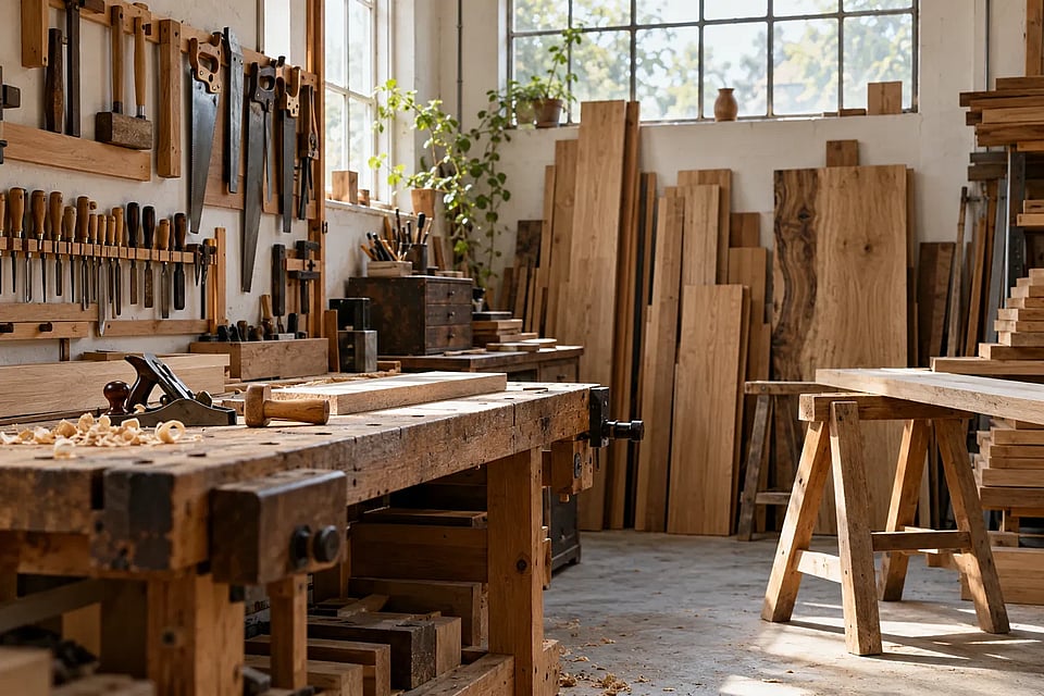 Blick in die Werkstatt der Tischlerei Lassen mit Holz und Werkzeug